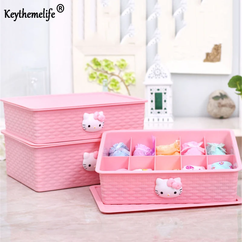 

Keythemelife Hello Kitty 10 Grid Storage Box with Cover Thick Plastic Storage Box For Underwear Socks Cosmetics DA