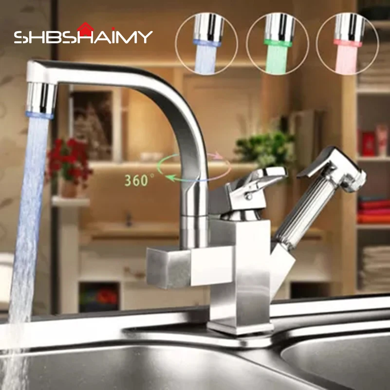 

Chrome Polished Kitchen Sink Faucet with LED Fuction Pull Out Down Sprayer Mixer Taps Bar Sink FaucetG "3/8