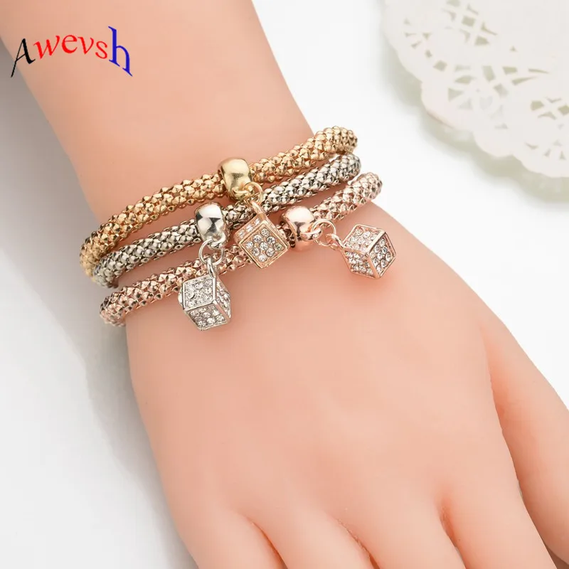 

Awevsh 3 Pcs/Set Crystal Square Rubik Bracelets & Bangles Gold/Silver Plated Pendants Rhinestone Bracelets For Women