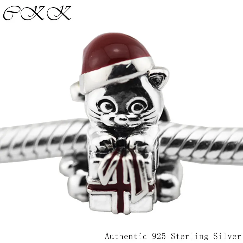 

Beads for Jewelry Making DIY Beaded 100% 925 Sterling Silver Christmas Kitten Charm ,Red Enamel Fit Bracelets Fine Jewelry PF487