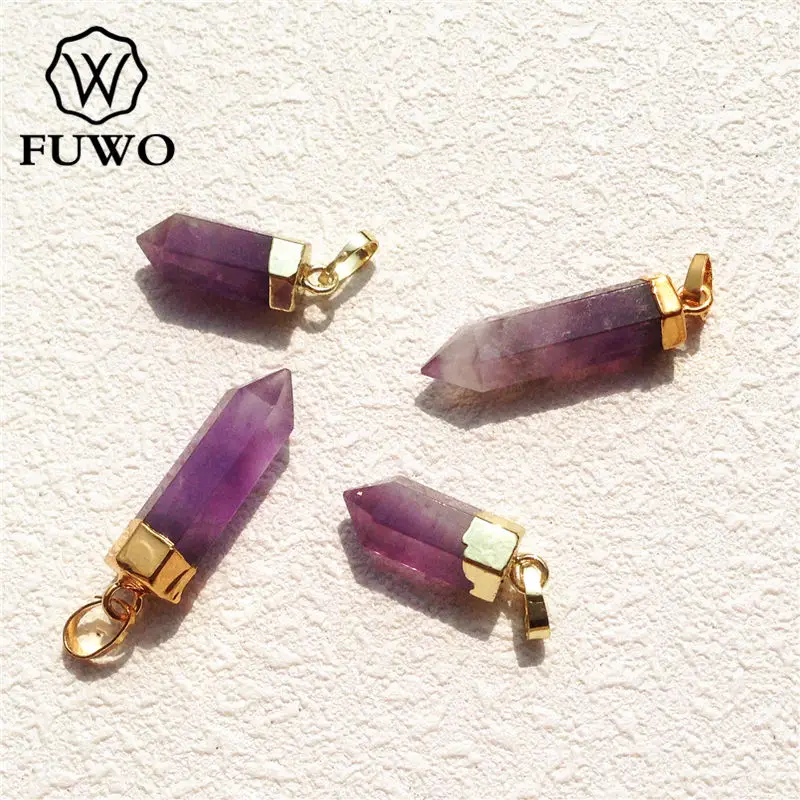 

FUWO Amethysts Point Pendant 24K Gold Electroplated High Quality Carved Spike Shape Purple Quartz Boho Jewelry Wholesale PD117