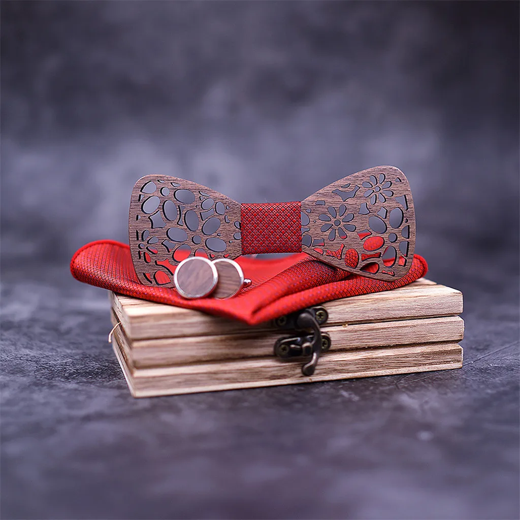 

2019 Men Chic Manual Wooden Bow Tie Handkerchief Set Men's Bowtie Wood Hollow Carved And Box Gift pajaritas para hombre 50