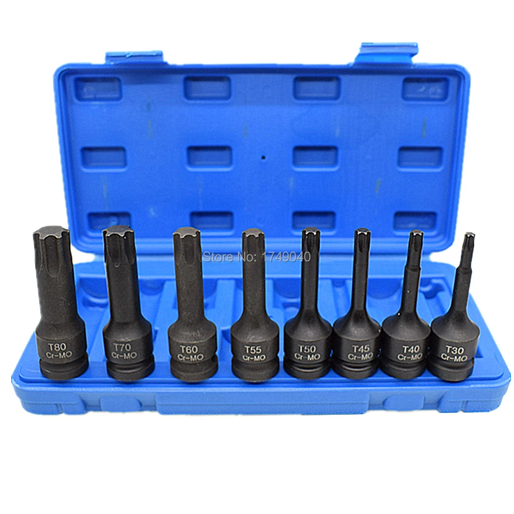 

8 Piece 1/2" Square Drive Impact Torx Star Bits Socket Set T30 T40 T45 T50 T55 T60 T70 T80 CR-MO Screwdriver Bit Socket Tools