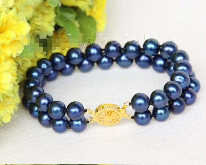 

FREE shipping>>>>8" 10mm 2row round navy blue freshwater pearls bracelet j10020