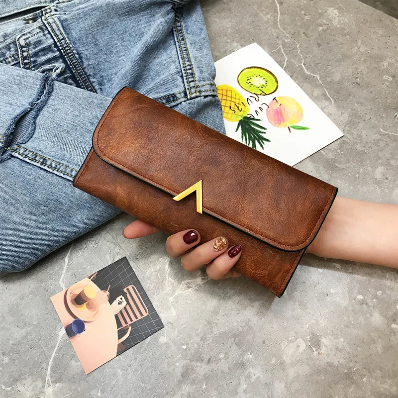 KMFFLY Vintage Women Wallets And Purses Long Leather Hasp Ladies Wallet With V Letter Credit Card Holder Zipper Clutch For Girls