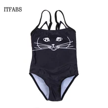 2018 Новинка Лето для мамы и дочки 3D Черный кот цельное бикини милые обтягивающие купальники для девочек одинаковый купальный костюм для семь...(China)