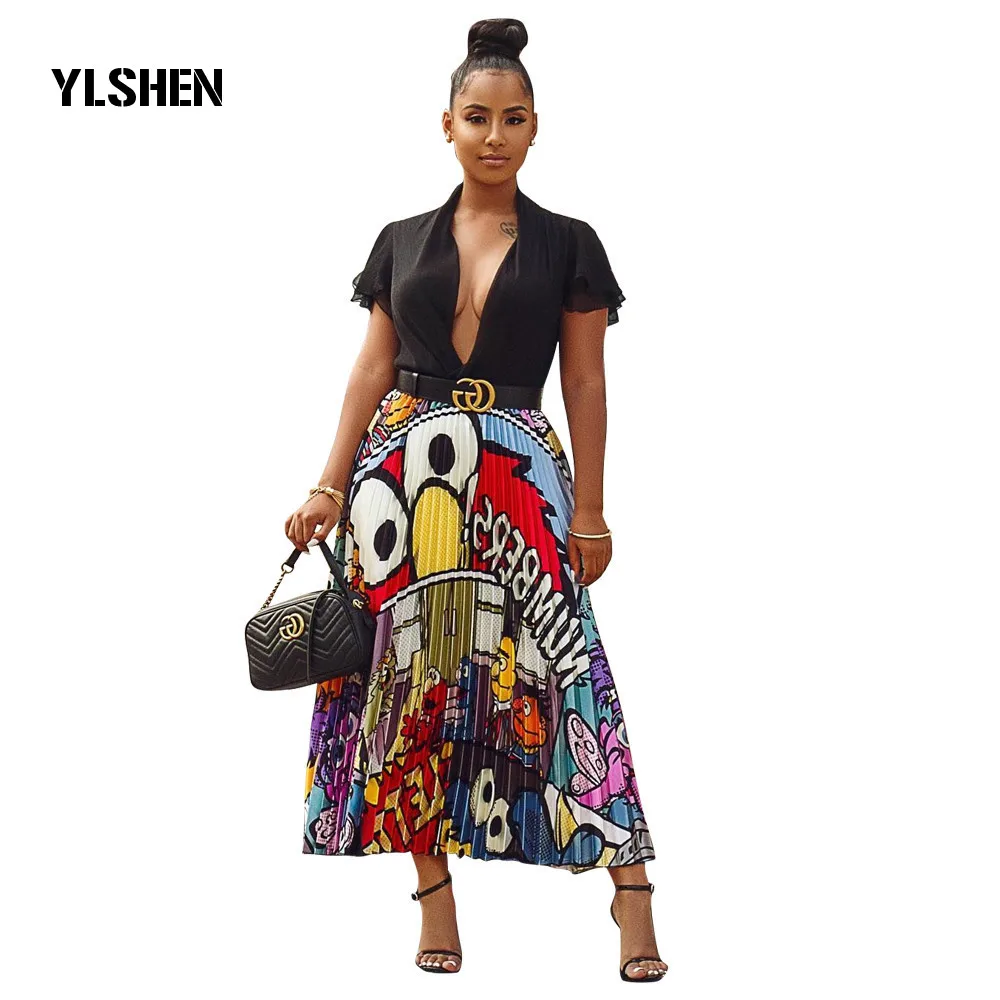 

2019 Women Pleated Skirt Cartoon Summer Vintage Character Letter Print High Waist Mid-calf Length Skirts Womens Big Swing Skirt