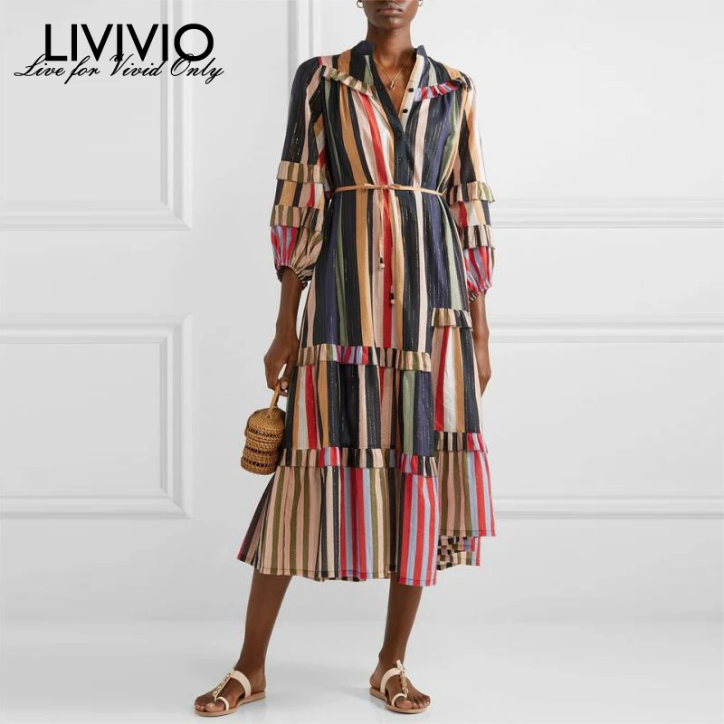 

[LIVIVIO] Striped Dress For Women Lapel Collar Lantern Sleeve High Waist Lace Up Ruffles Patchwork Dresses Female 2019