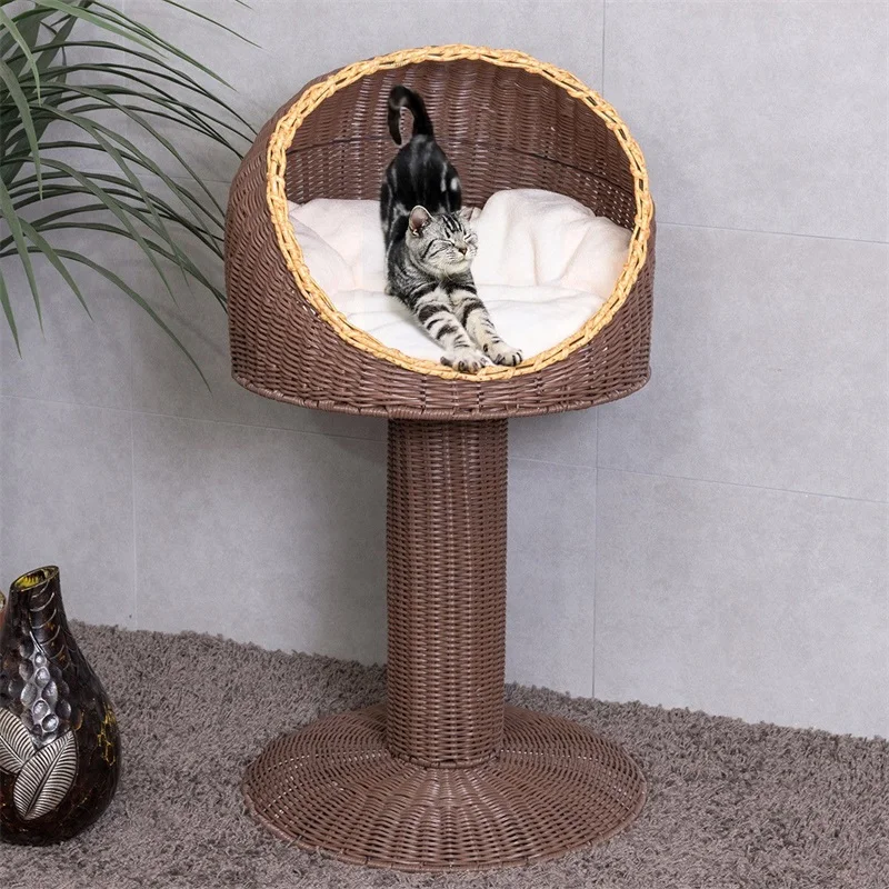 

17" Brown Elevated Rattan Cat Bed with Cushion Breathable Cat Bed House PS6891