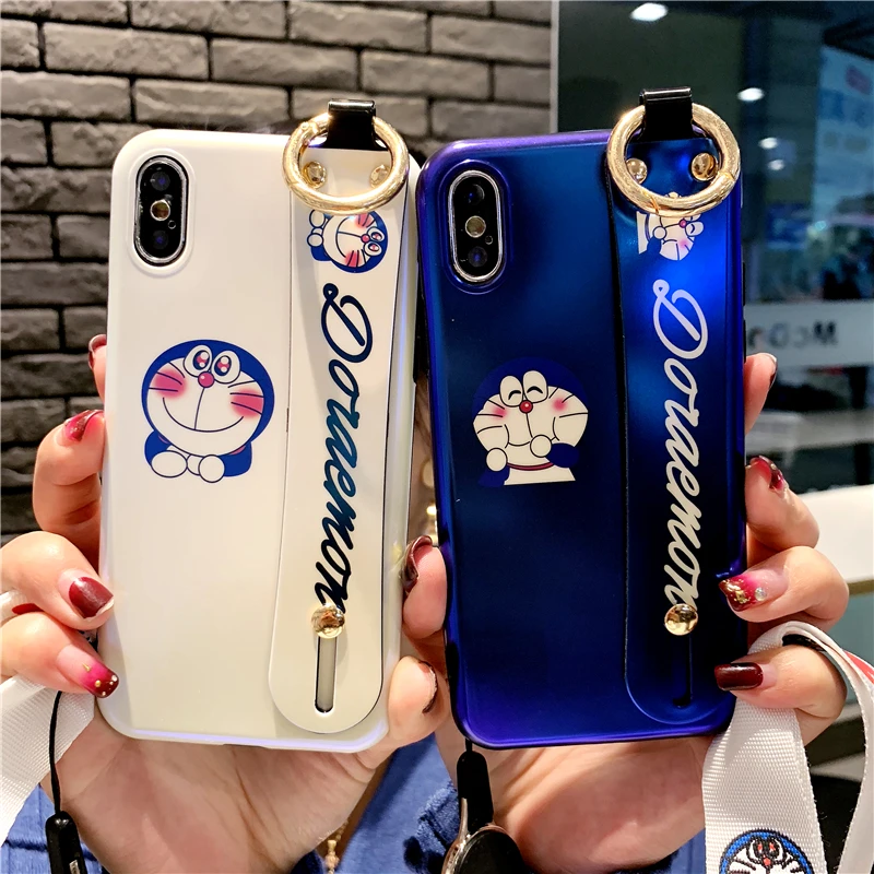 

For iphone XR XS max X Doraemon Wrist strap soft Phone Case For iPhone 8plus 7 7plus 6 6S 6p Cute leopard cartoon case