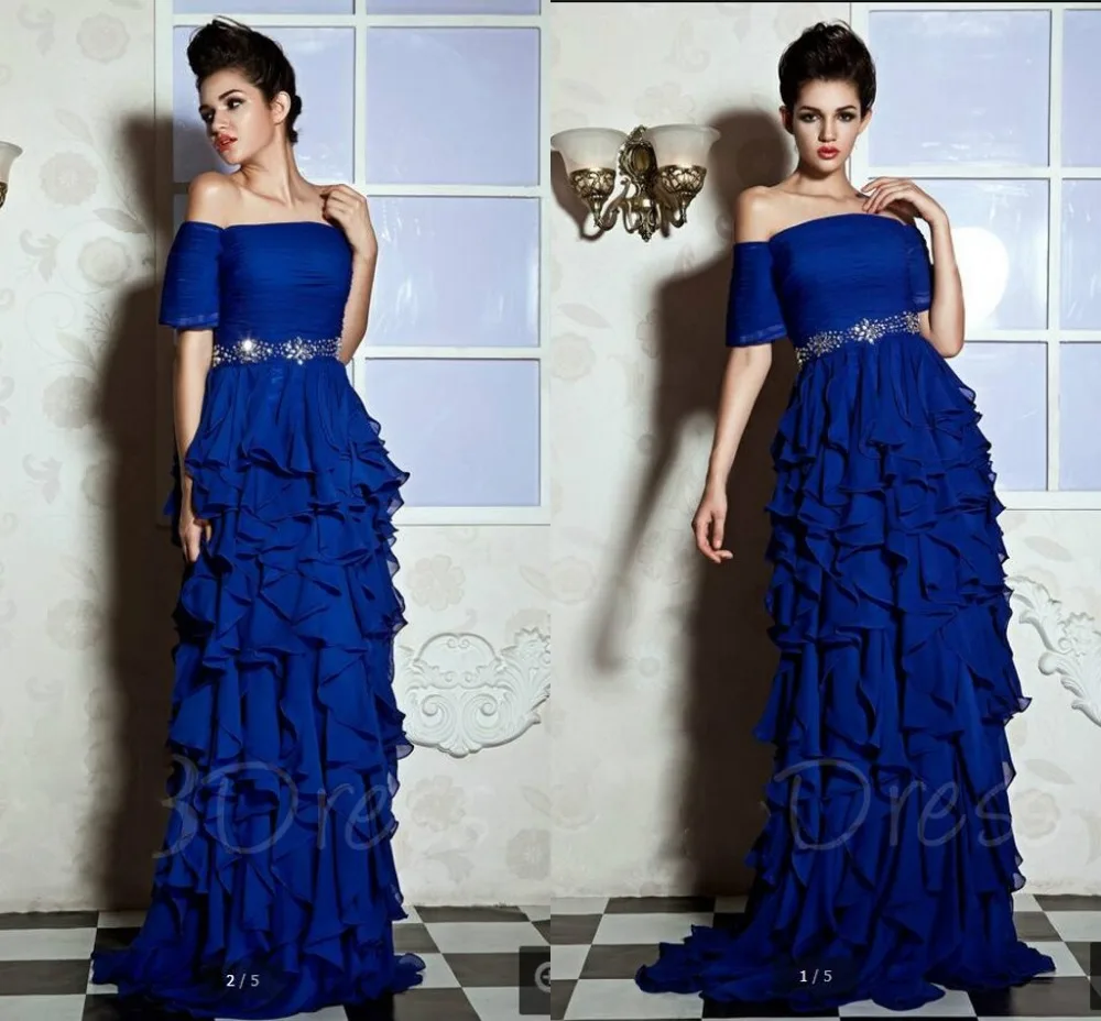 

2017 new design royal blue chiffon a line ruffled prom dress off the shoulder beading crystals elegant prom dresses hot sale