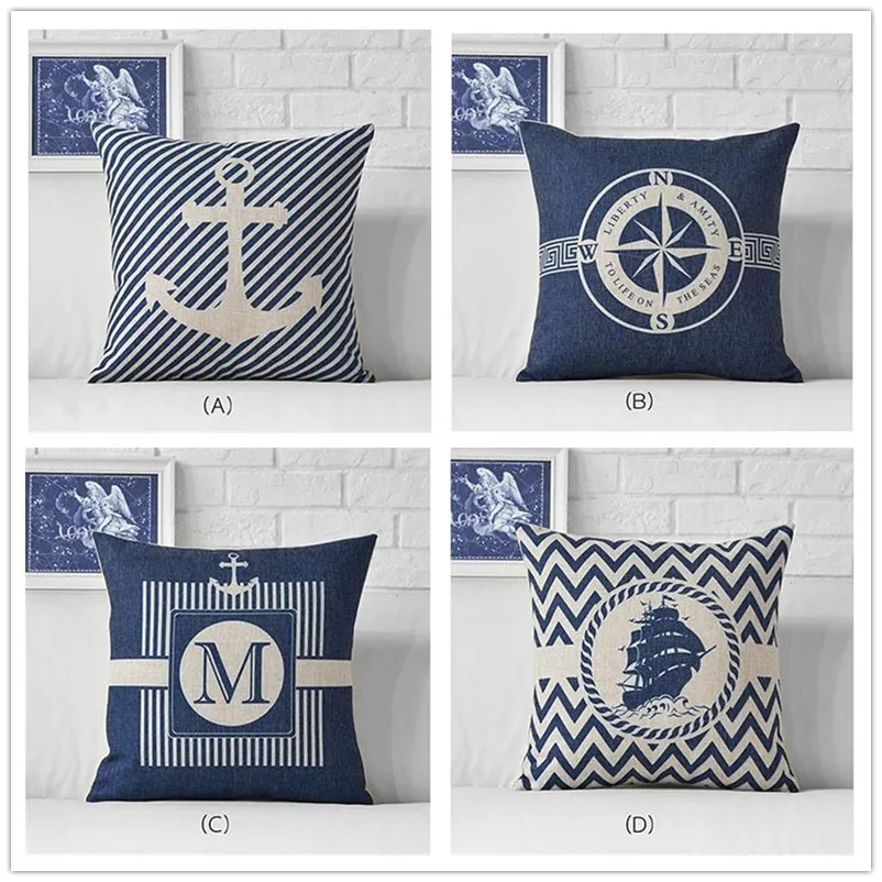 

Sea Blue Compass Printed Cushion Cover Anchor Pattern Marine Ship Throw Pillow Case Decorative Pillowcase Cojines Almofadas