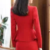 Fashion Elegant Red Women Blazer New Winter Formal Business Ruffles Slim V Neck Jacket Office Ladies Work Coat 2