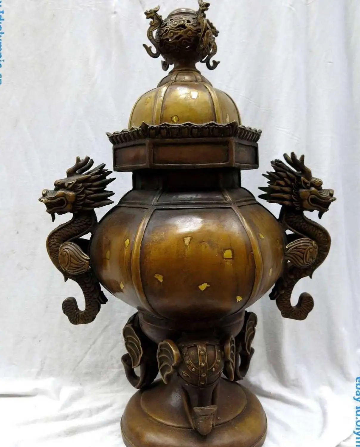 

25" China pure brass copper fine dragon elephant censer Incense Burner Statue