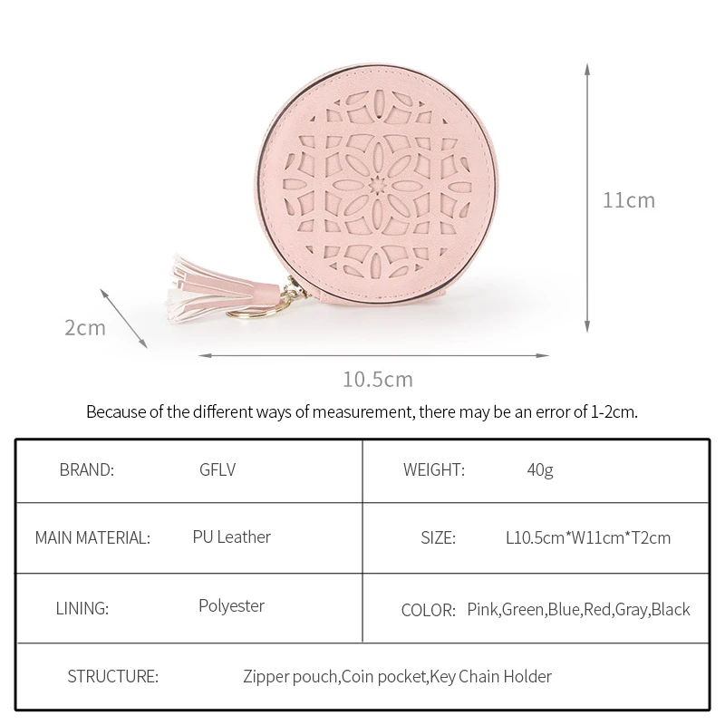 GFLV брендовые маленькие кошельки для монет, женские кошельки на полой молнии, круглые кошельки из искусственной кожи, кошелек с кисточкой и подвеской, сумка для хранения наушников