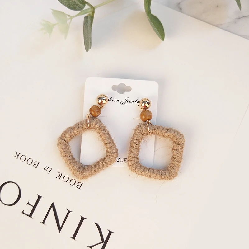 GUANLONG Classic Handmade Wooden Straw Weave Rattan Braid Earrings for Women 2018 New Long Drop Earrings Fashion Dangle Brincos (4)
