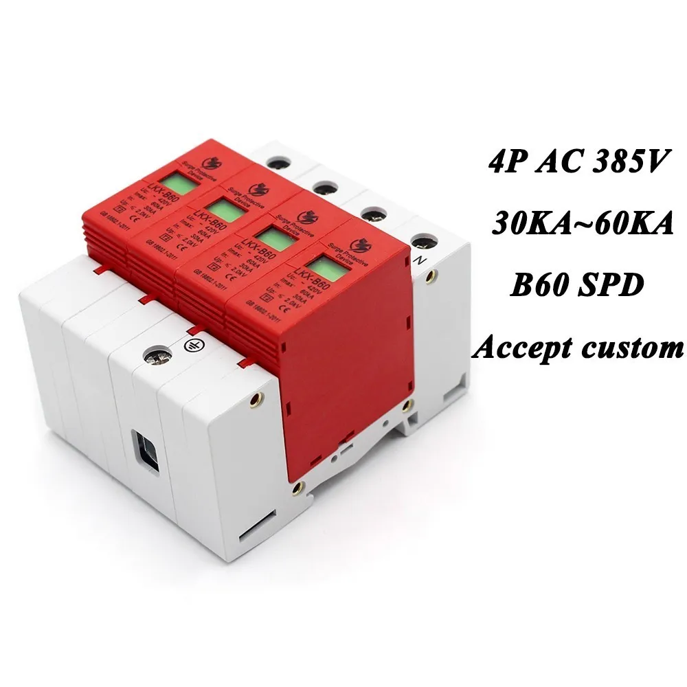 B60-4P 30KA~60KA ~385V AC SPD House Surge Protector Protective Low-voltage Arrester Device 3P+N Lightning protection B60-4P 30KA~60KA ~385V AC SPD House Surge Protector Protective Low-voltage Arrester Device 3P+N Lightning protection