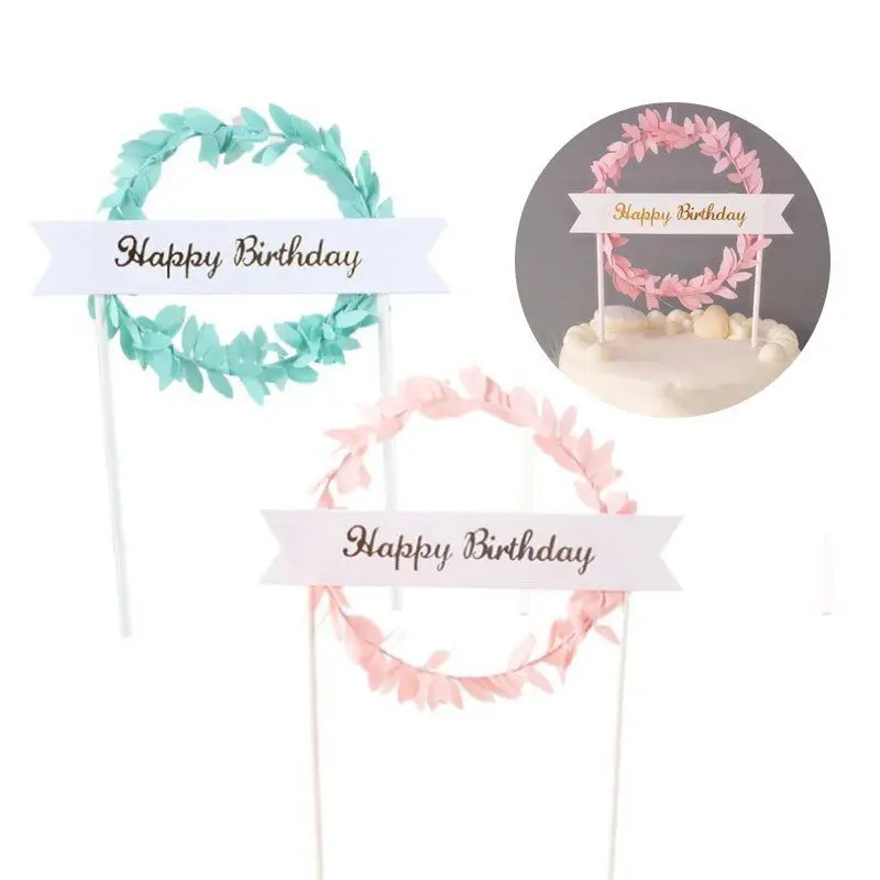

1Pc Pink Green Leaf Wreath "Happy Birthday" "Sweet Love" Cake Topper Dessert Decoration for Birthday Party Lovely Gifts