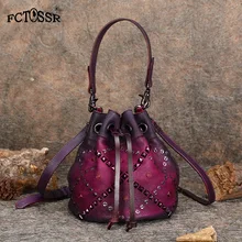 Винтажная женская сумка-мешок с заклепками, модная женская сумка-мессенджер с ручкой, повседневная женская сумка на плечо с завязками, Новое поступление