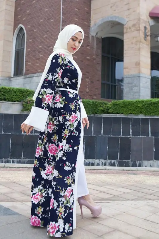 Повседневное мусульманских Абаи Для женщин с цветочным принтом Макси платье свободные кардиган платье-туника платья фестиваль Рамадана