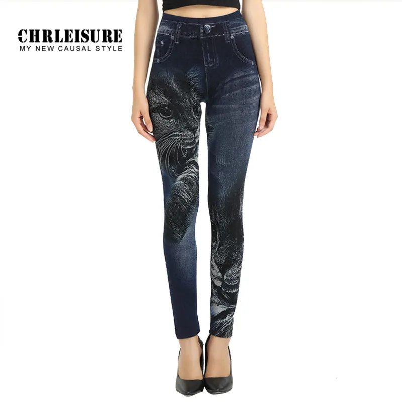 

S-XL High Elastic Women Leggings Black Cat Imitation Jeans Pattern Fashion Slim Seamless Pants Trousers Denim Leggings
