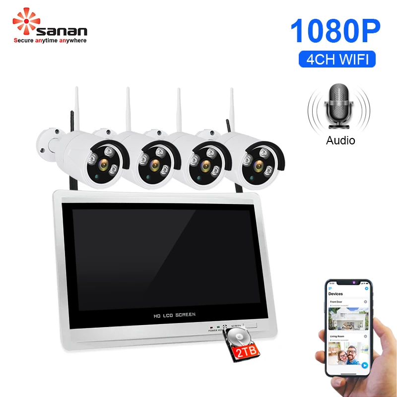 

Sanan 4CH Wireless Security Camera System 12.5"LCD Screen Wifi NVR Kit 1080P HD H.264 Outdoor Night Vision Surveillance System