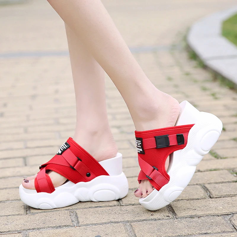 Lucyever Women's Sandals 2019 Summer Thick Bottom Wedges Platform Sandals Open Toe Mesh Slip on Casual Slides Shoes Woman