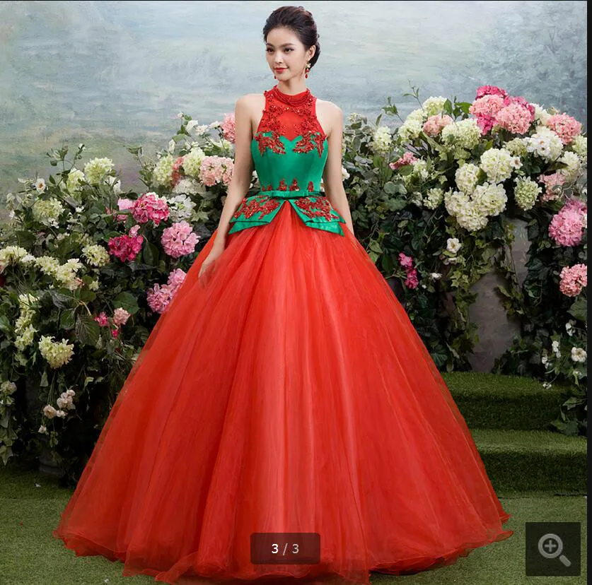 blue and red ball gown