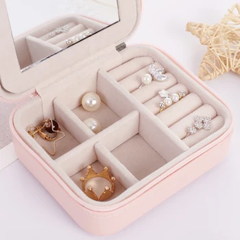 

Women Travel Portable Leather Jewelry Storage with Mirror Convenient Makeup Organizer Box Necklace Earrings Rings Carring Cases