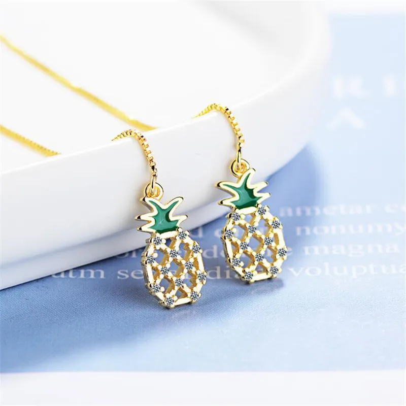 

New Creative Long Temperament Design Ear Line 925 Sterling Silver Jewelry Fruit Pineapple Crystal Dangle Earrings SE833