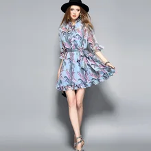 Blue Print Dress New Fashion Summer 2017 Ladies Ruffled Collar Tropical Tree Print Flare Sleeve Casual Chiffon Dress Mini Club