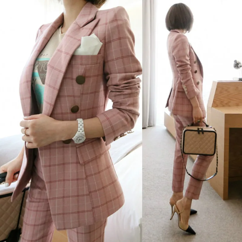 Work Office Pants and Jackets 2 Pieces Women Blazer Suit 2018 Autumn Vintage pinkPlaid Business Formal Suits For Women