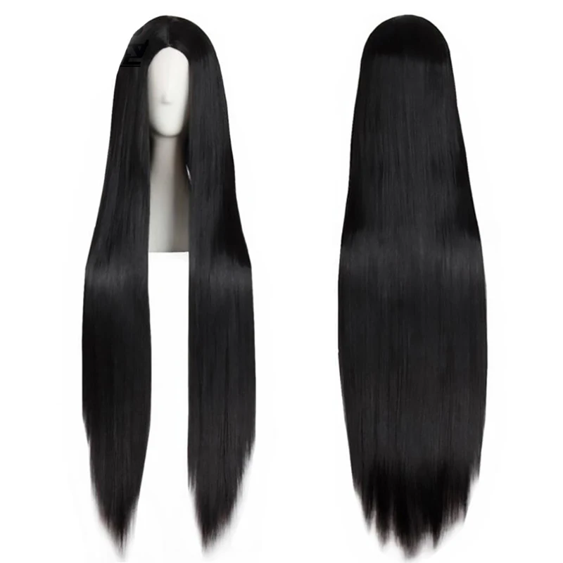 Горячая 32 дюйма черный длинный прямой высокотемпературный волокно Peruca натуральный средняя часть синтетический парик для косплея - Цвет: Угольно-черный
