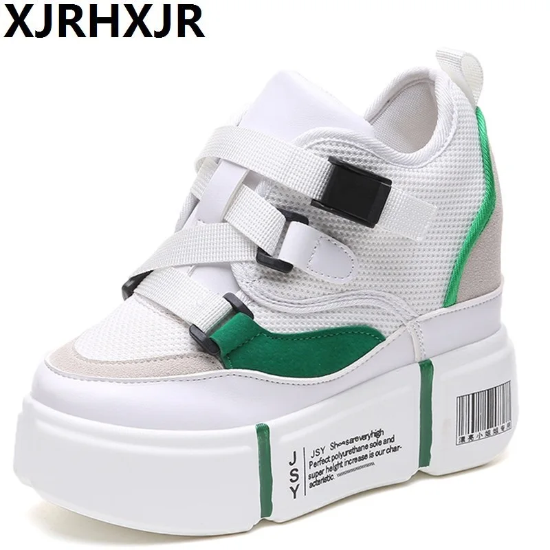 

2018 Autumn Women's High Platform Shoes Height Increasi Canvas Shoes 11 CM Thick Sole Trainers Breathable Shoes White Sneakers