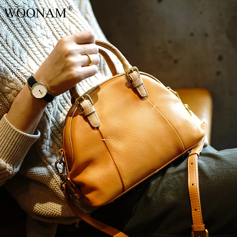 

WOONAM Women New Exquisite Bag Top Hide Genuine Italy Supple Calf Leather Dome Top Handle Shoulder Cross Body Bag WB883