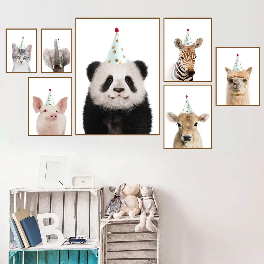 

Baby Panda Zebra Elephant Cattle Pig Birthday Hat Wall Art Canvas Painting Posters And Prints Wall Pictures Girl Kids Room Decor