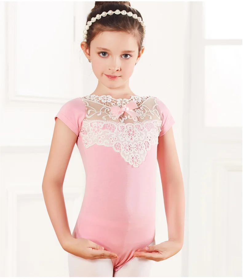 Для девочек балетное, гимнастическое трико балерины с короткими рукавами кружевное балетное трико оснастки промежности классический Танцы трико для детей - Цвет: pink