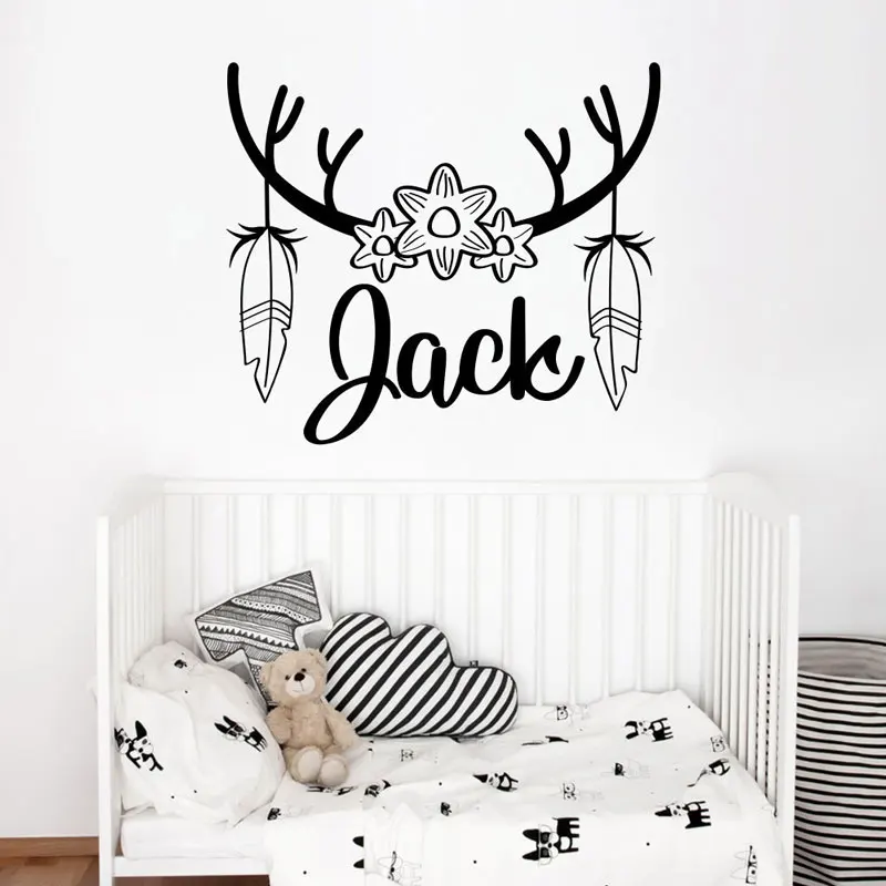 

Vinyl wall applique antler applique baby name sticker woodland nursery feather applique custom name deer nursery decorationDIY12