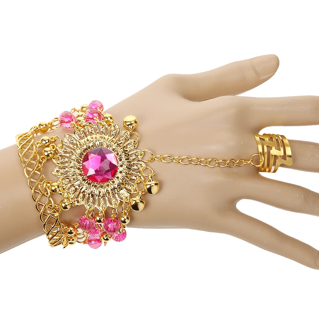 Phenovo Ladies Bridal Party Costume Necklace Earrings Headpiece Hand Jewelry for Parties Belly Dancing -Rose red