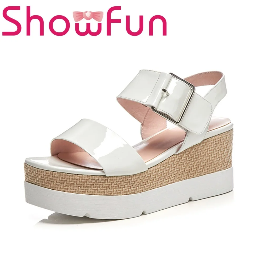 

Showfun genuine leather casual fashion solid buckle front&rear strap wedges platform sandals woman shoes