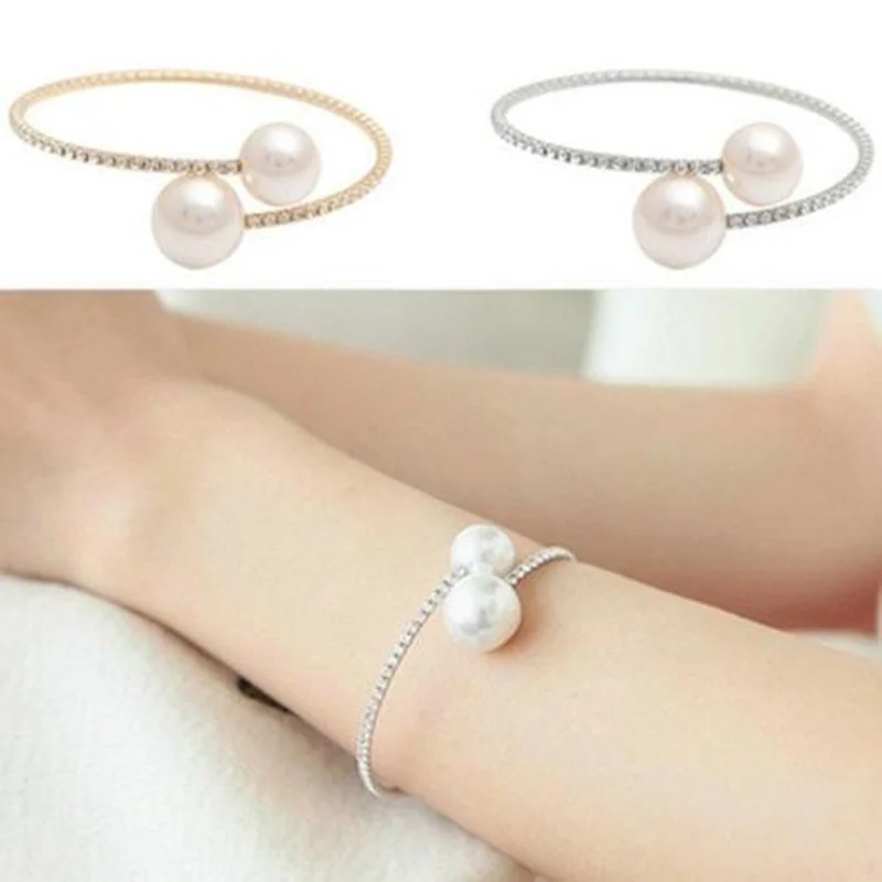 Korean Style Luxury Full Drill Hoop Double Pearl Bangle Party Jewelry