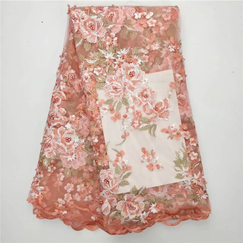 

Popular african lace fabric light color peach lace fabric 5 yards nice embroidered tulle net lace latest arrival