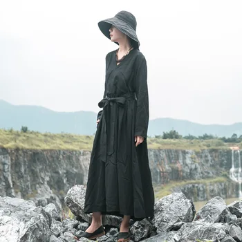 

women long dress literary retro 2020 autumn minimalist silk solid black dress with belt L980519