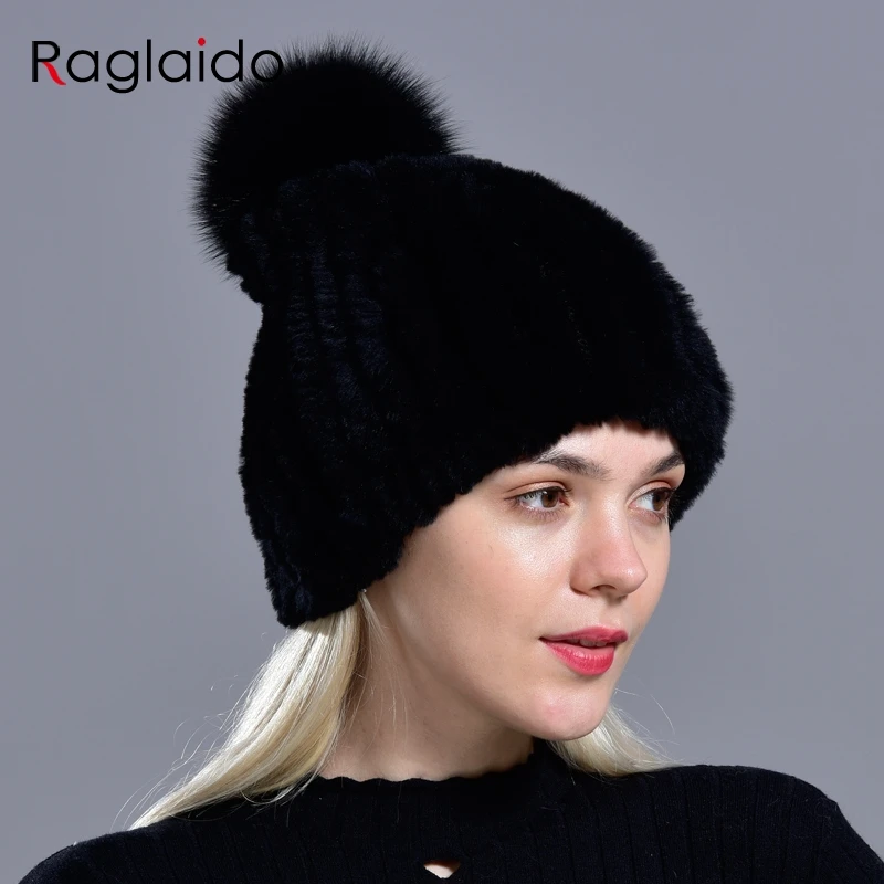 Hot Sale Knitted Pompom Hats for Women Beanies Solid Elastic Rex Rabbit Fur Caps Winter Hat Skullies Fashion Real Fur Hats 5