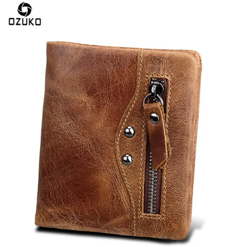 OZUKO Crazy Horse мужской кошелек из натуральной кожи Rfid короткий для монет коровьей на