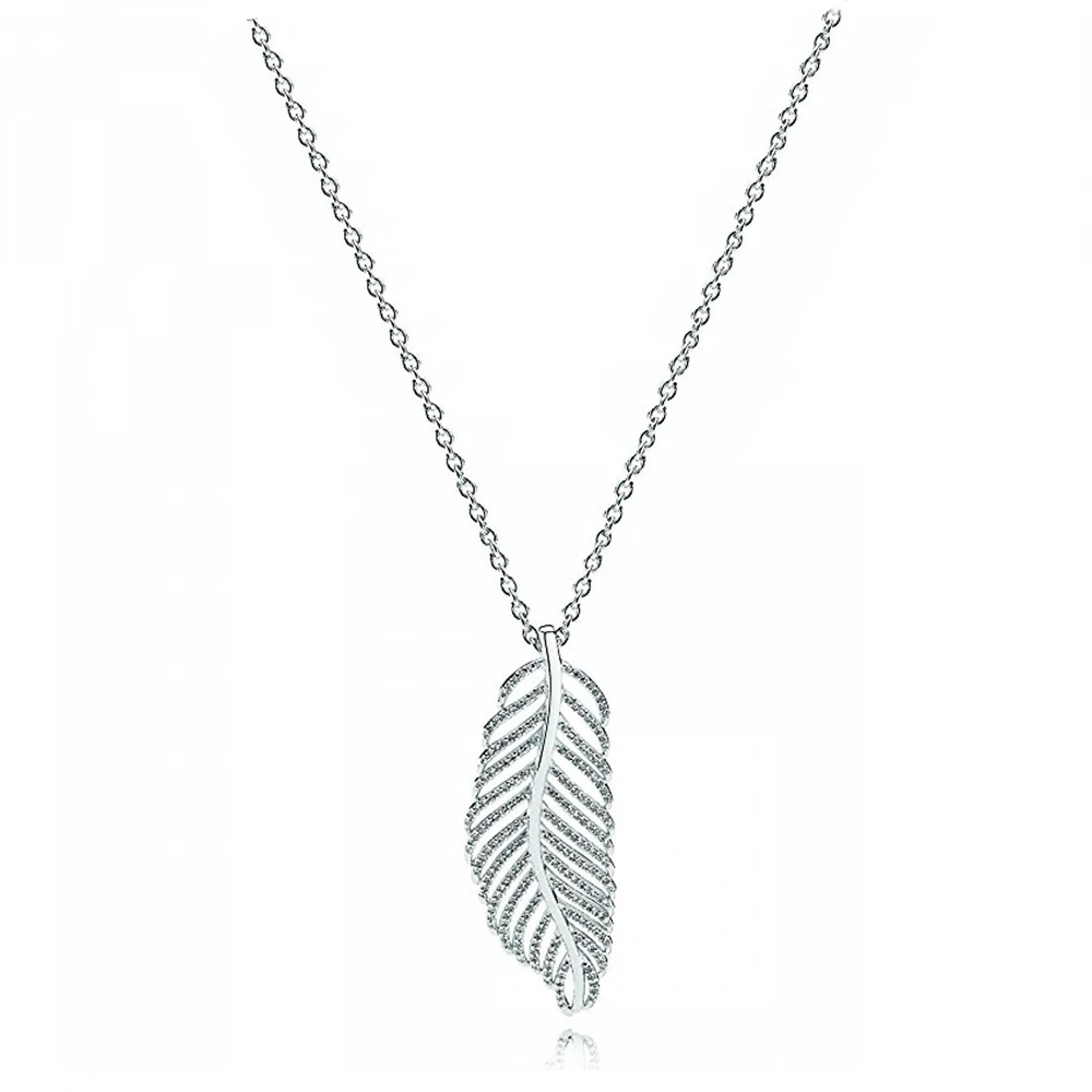 

NEW 100% 925 Sterling Silver 1:1 Genuine Simple Blink Feather Temperament Ms. Pendant Necklace Fit DIY Holiday Gift