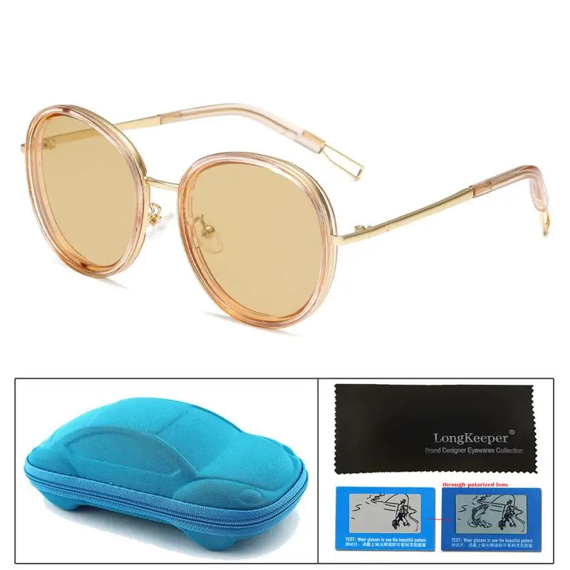 LongKeeper Поляризационные солнечные очки, детская брендовая одежда, круглые, защитные стёкла, солнцезащитные очки с чехлом для маленьких мальчиков и девочек, с зеркальной металлической пряжкой Gafas de sol UV400 подарок - Цвет линз: light brown lens