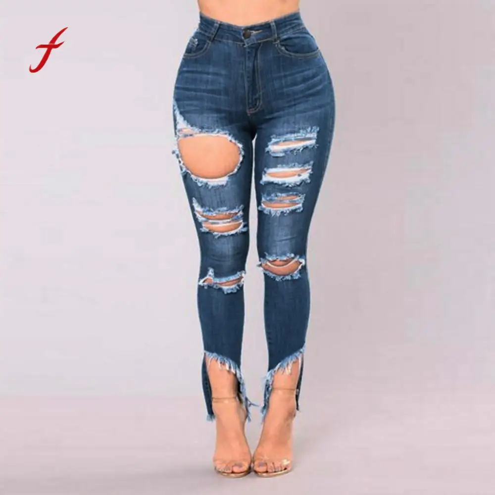 Feitong Plus Size Ripped Women High Waist Jeans Hole Women