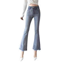 Корейские расклешенные джинсы женские большие размеры вышивка с высокой талией обтягивающие джинсы для мам женские уличные джинсы женские брюки и джинсы