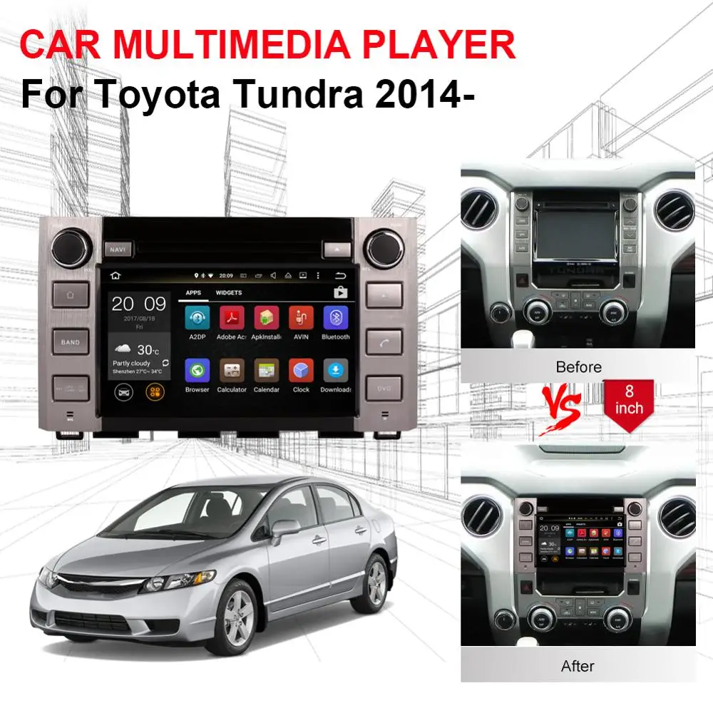 Best 4GB RAM Android 7.1/8.0 Car Auto Radio Stereo Head Unit For Toyota Tundra 2014- DVD Multimedia Player GPS Navi Free Map WIFI 4G 3